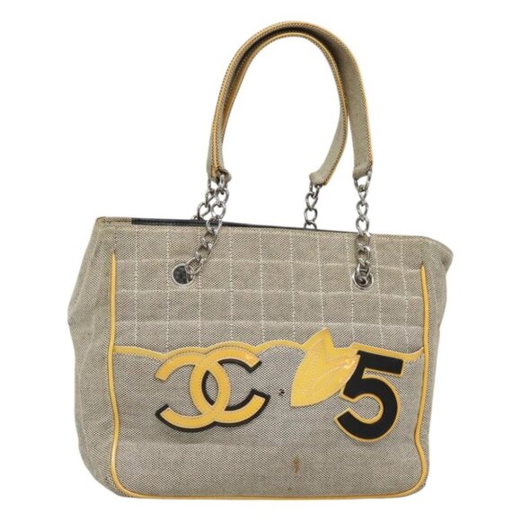 CHANEL Choco Bar Tote Bag Canvas Beige Yellow CC - Picture 1 of 15